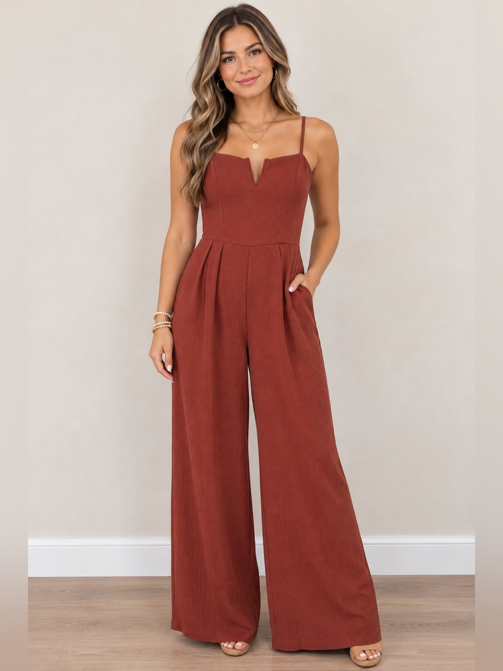Monteau Rust Wide-Leg Spaghetti-Strap Jumpsuit